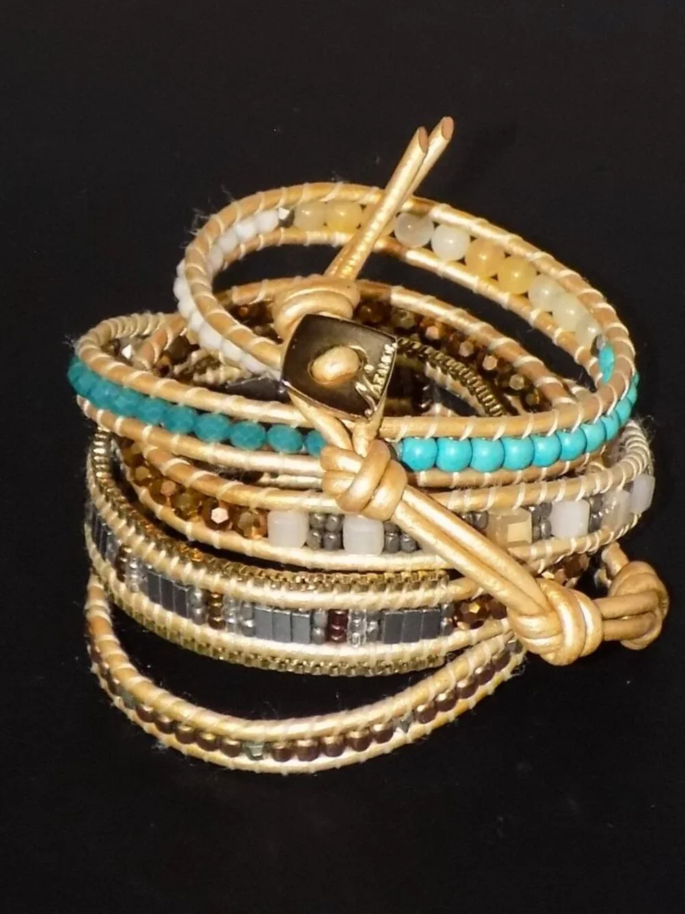 Nakamol Long Beaded Boho Wrap Bracelet.  Lame Cord, Crystal, Metal, Earthtones